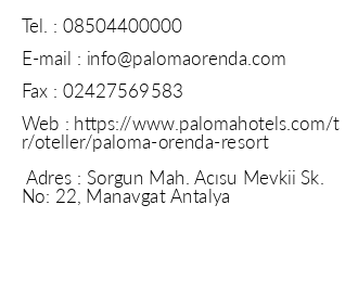 Paloma Orenda Resort iletiim bilgileri